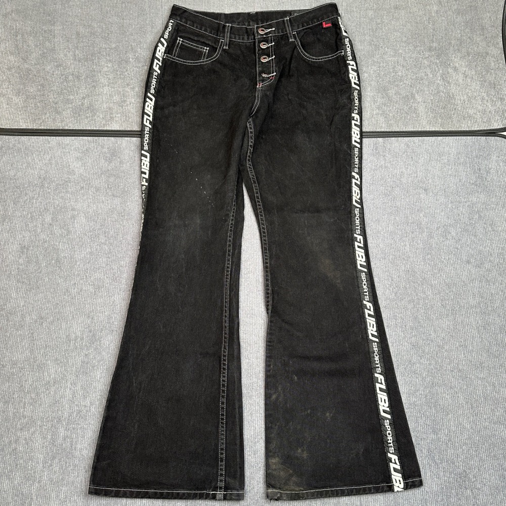 Vintage FUBU Sports Black Denim Jeans Logo Tape Stripe Button Fly 90s W13/14